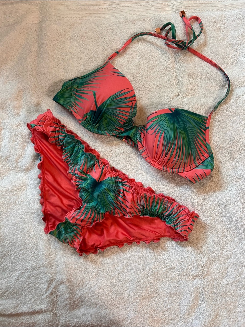 Coral Palm-Print Two-Piece Swimsuit